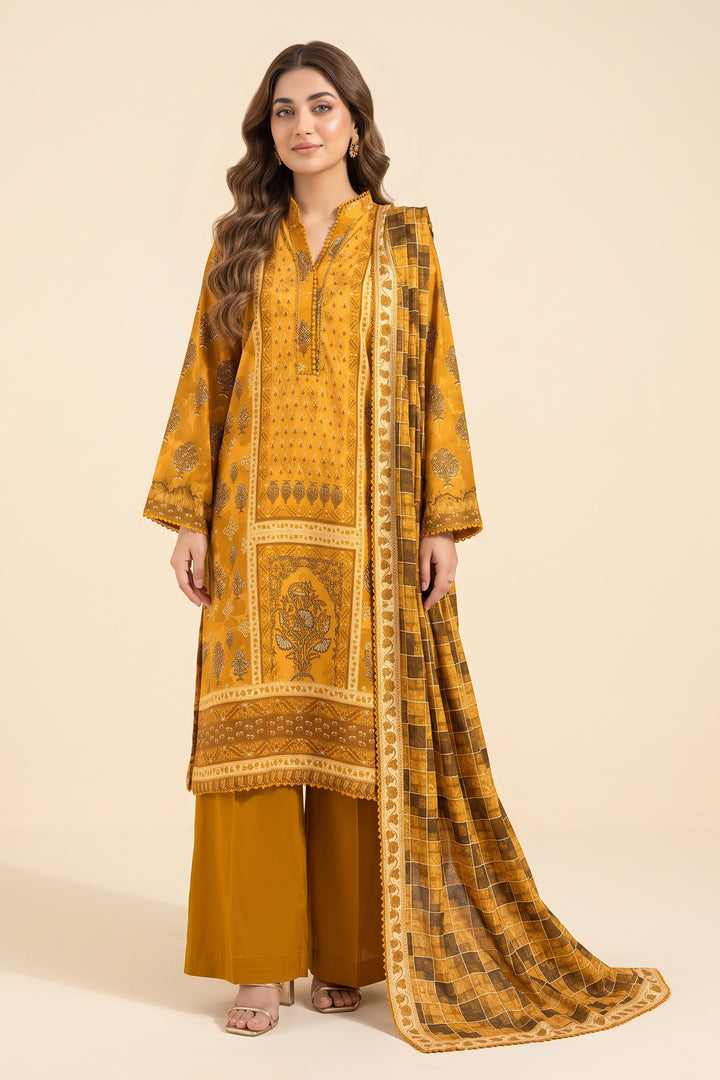 Unstitched 3 Piece Premium Printed Linen Suit - Yellow