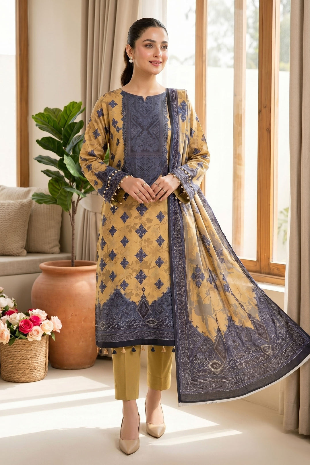 Mustard 3 Piece Unstitched Premium Printed Lawn