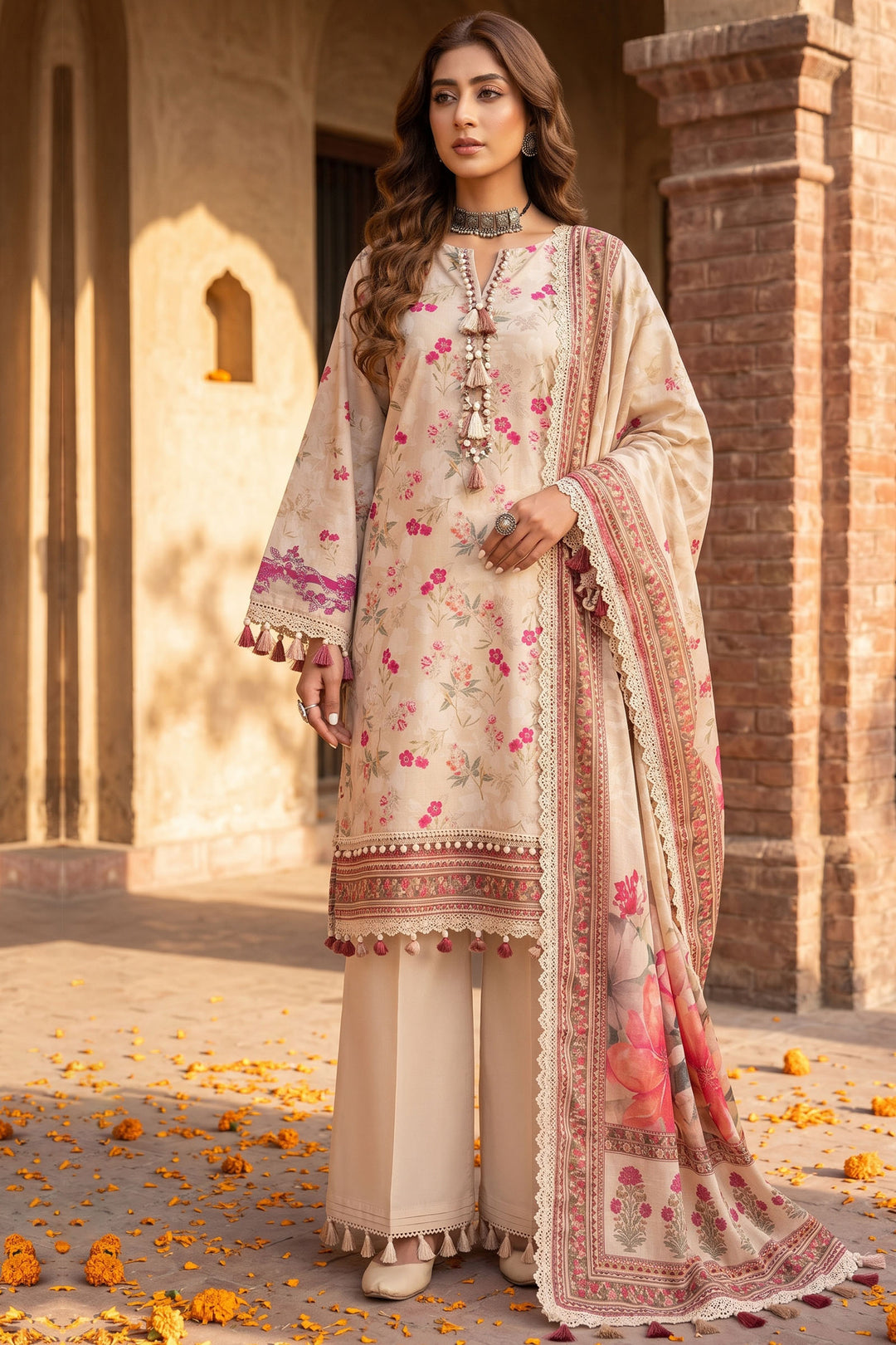 3 Piece Unstitched Off White Premium Lawn