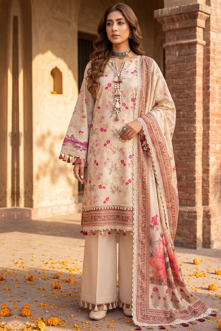 3 Piece Unstitched Off White Premium Lawn