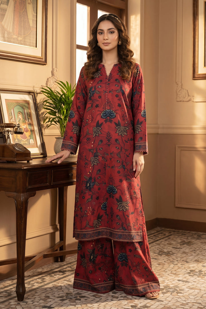 2 Piece Deep Carmine Unstitched Printed Cambric Co-Ord Set