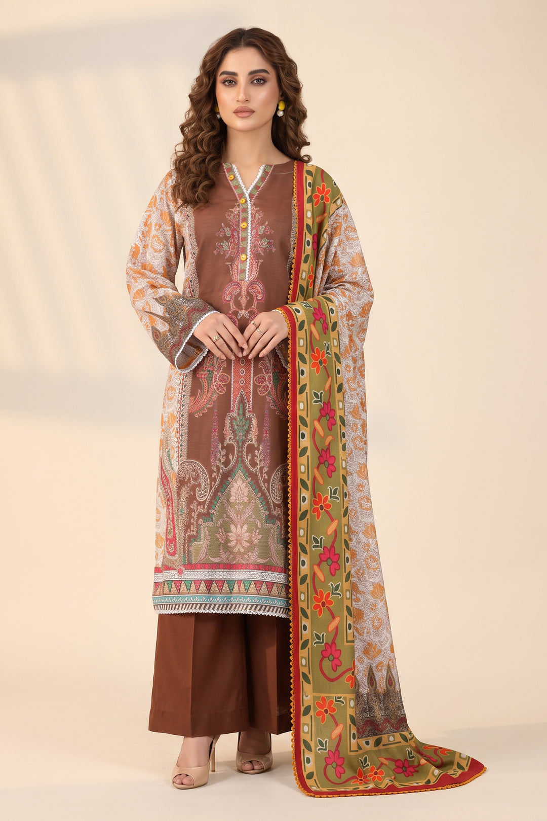 3 Piece Unstitched Brown Khaddar
