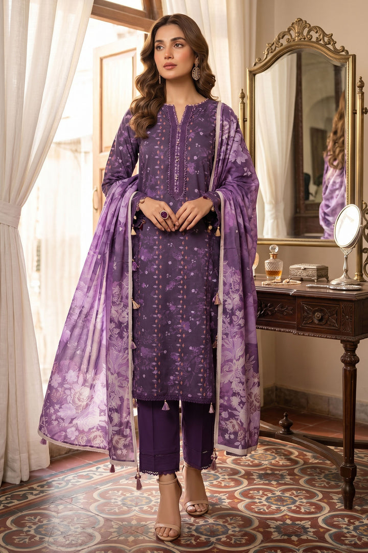 Purple 3 Piece Unstitched Premium Printed Lawn