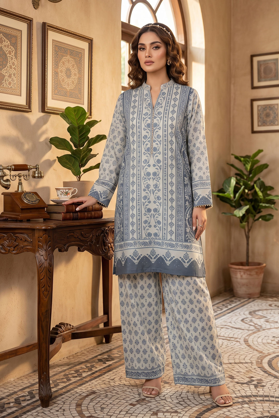 Slate Blue 2 Piece Unstitched Printed Cambric Co-Ord Set