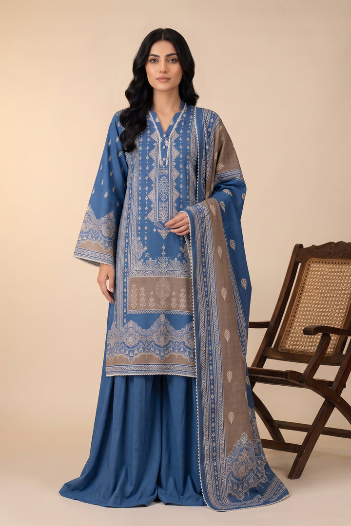 3 Piece Unstitched Blue Slub Khaddar