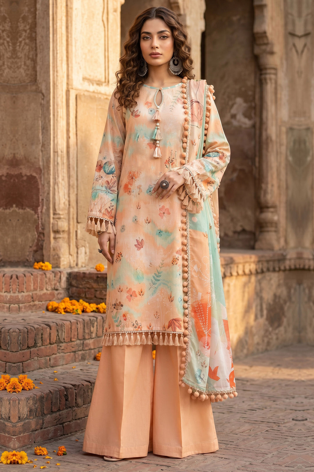 3 Piece Unstitched Peach Premium Lawn