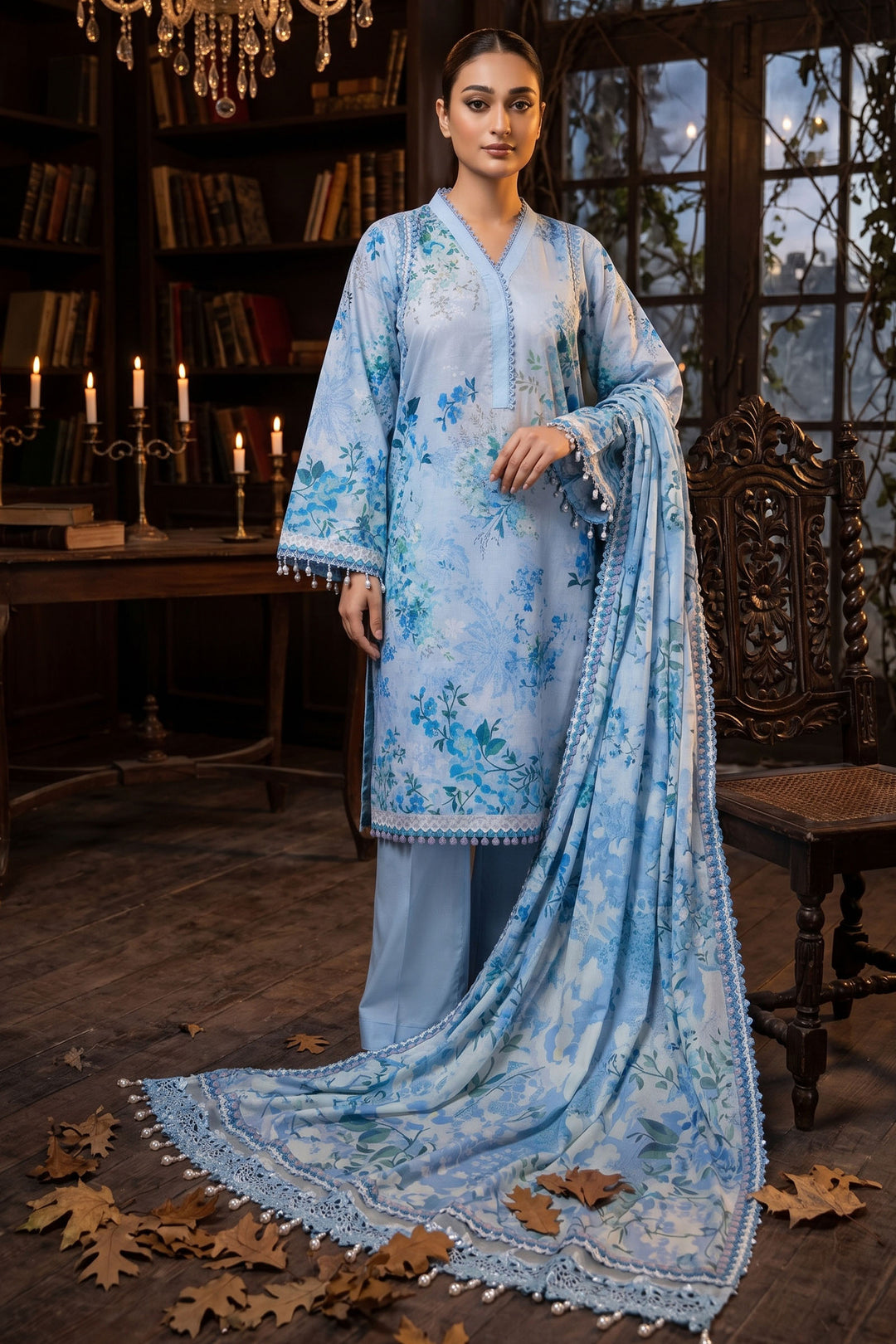 3 Piece Unstitched Aqua Blue Premium Lawn