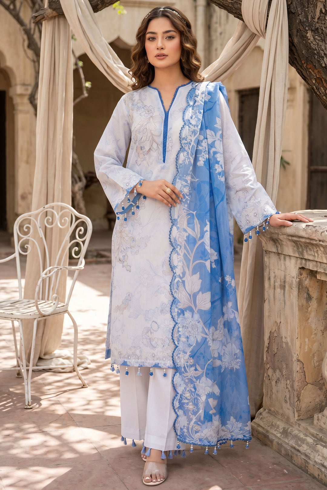 3 Piece Unstitched White Premium Lawn