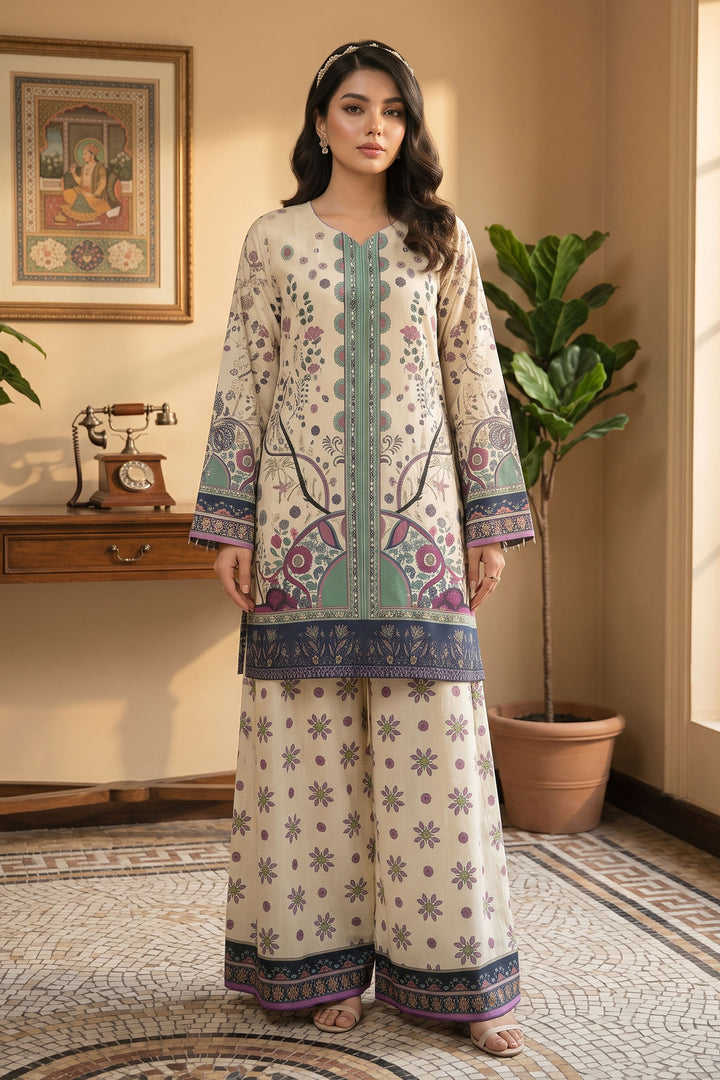 Beige 2 Piece Unstitched Printed Cambric Co-Ord Set
