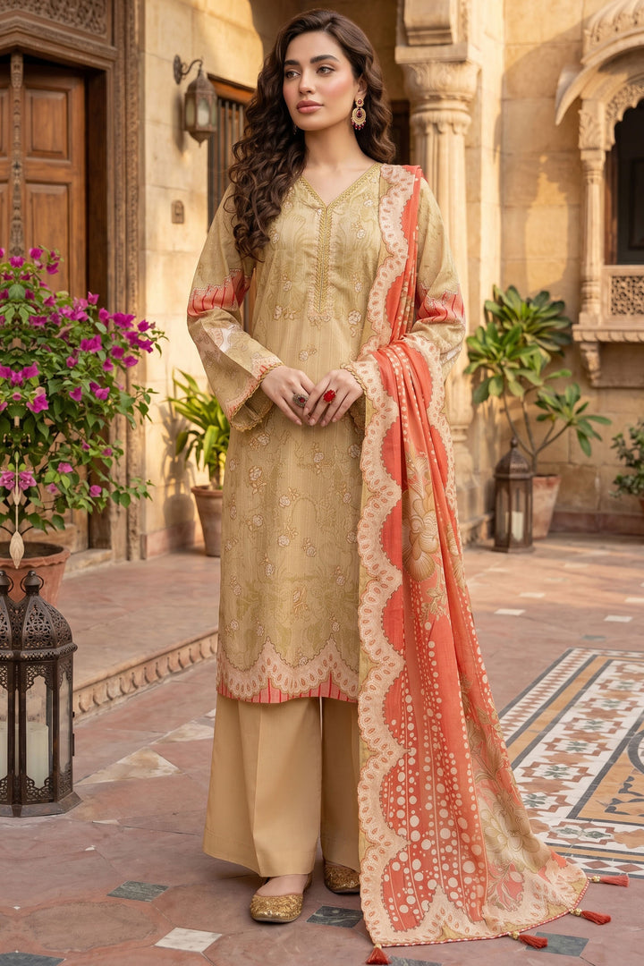3 Piece Unstitched Beige Premium Lawn