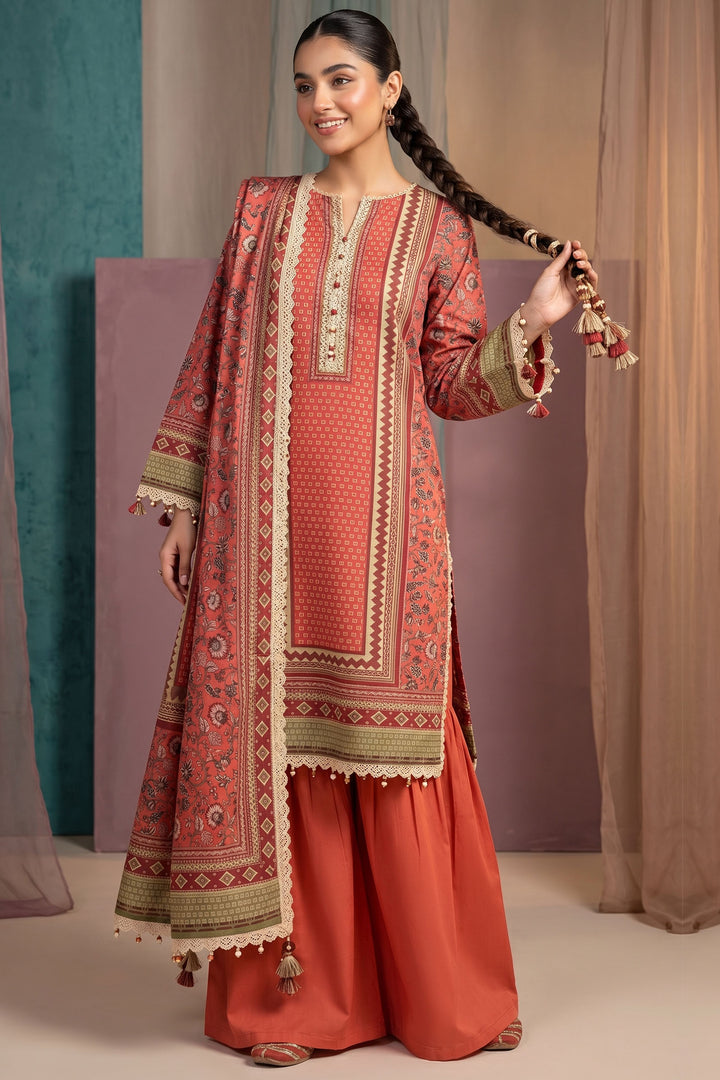 Orange Red 3 Piece Unstitched Premium Printed Lawn