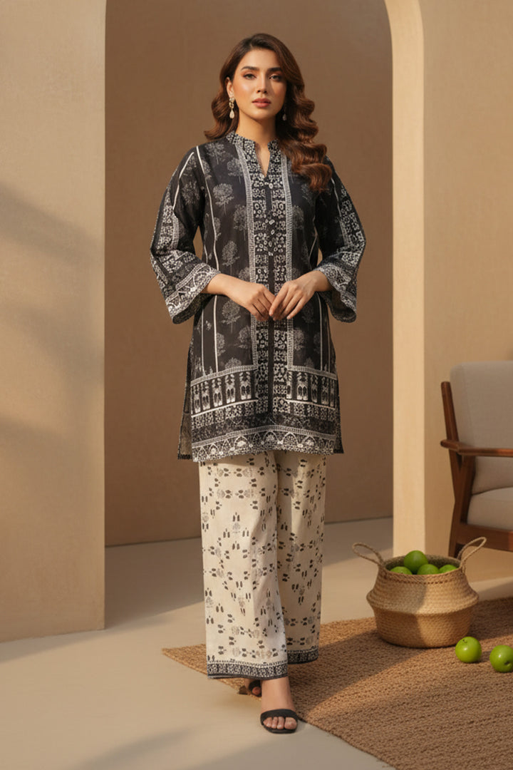 Smoky Black 2 Piece Unstitched Printed Cambric Co-Ord Set