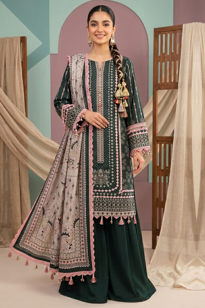 Green 3 Piece Unstitched Premium Printed Lawn