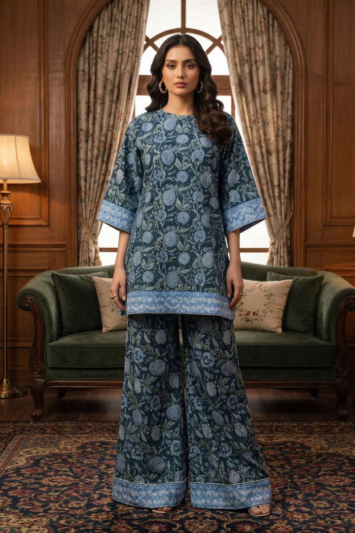 Blue 2 Piece Unstitched Printed Cambric Co-Ord Set