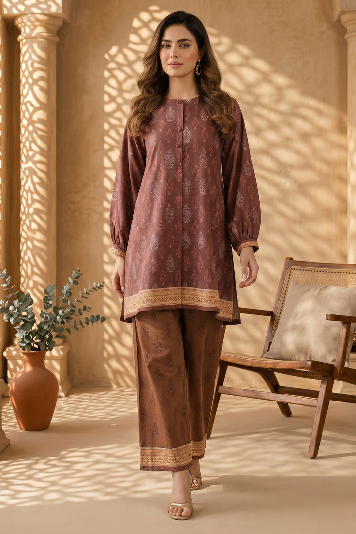 Coffee 2 Piece Unstitched Printed Cambric Co-Ord Set