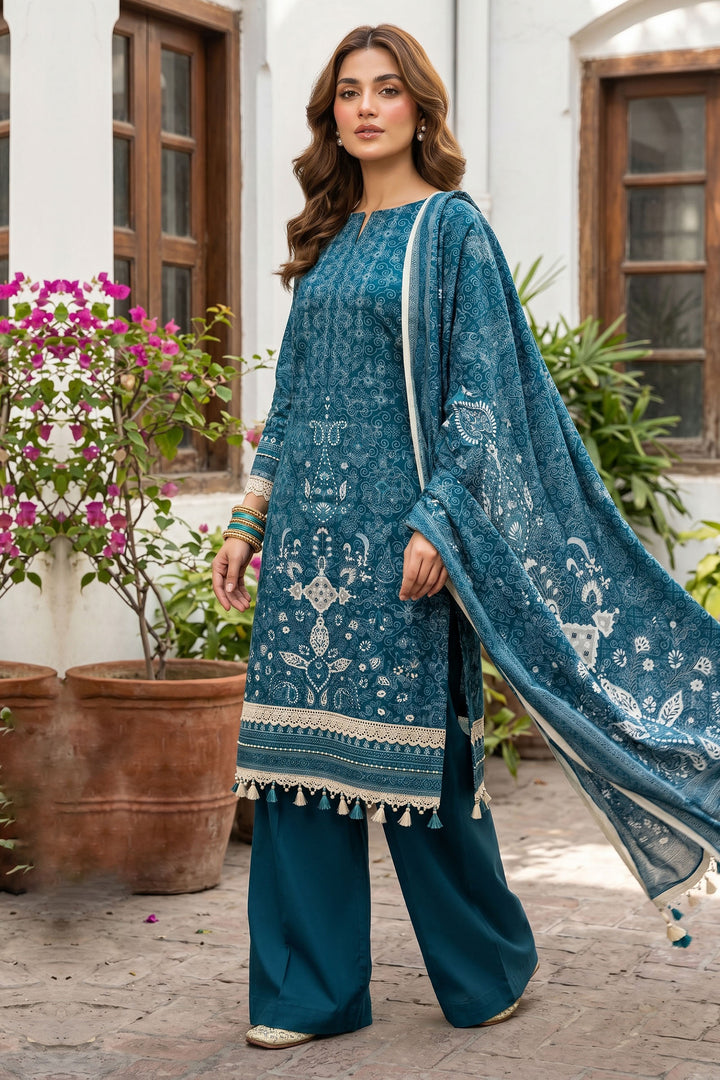 Blue 3 Piece Unstitched Premium Printed Lawn