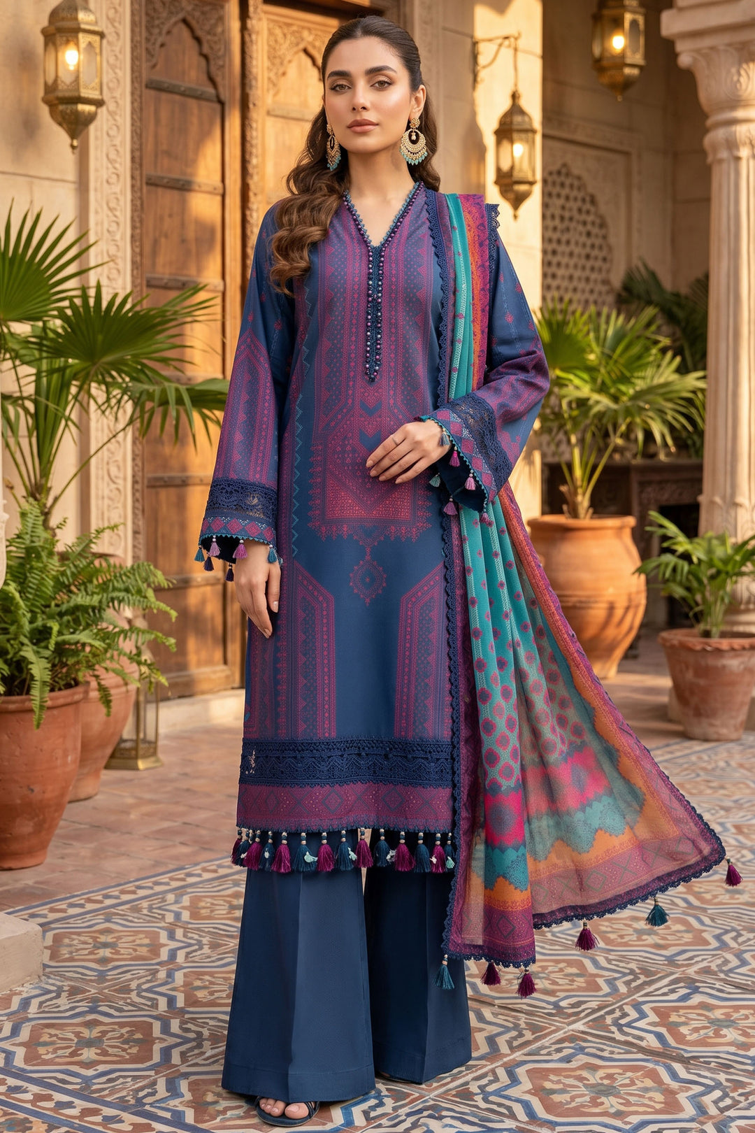 3 Piece Unstitched Rust Blue Premium Lawn