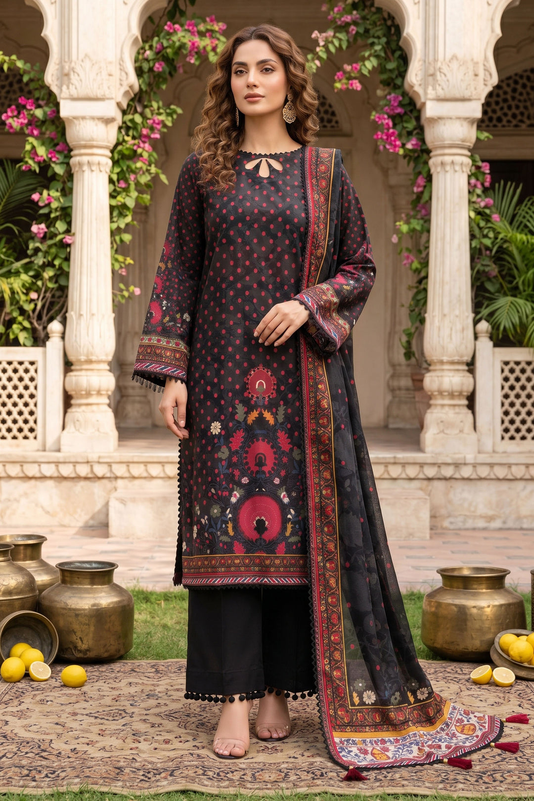 3 Piece Unstitched Black Premium Lawn