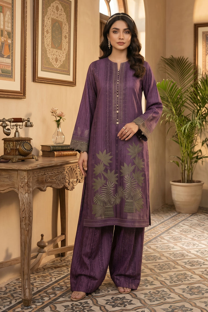 Purple 2 Piece Unstitched Printed Cambric Co-Ord Set