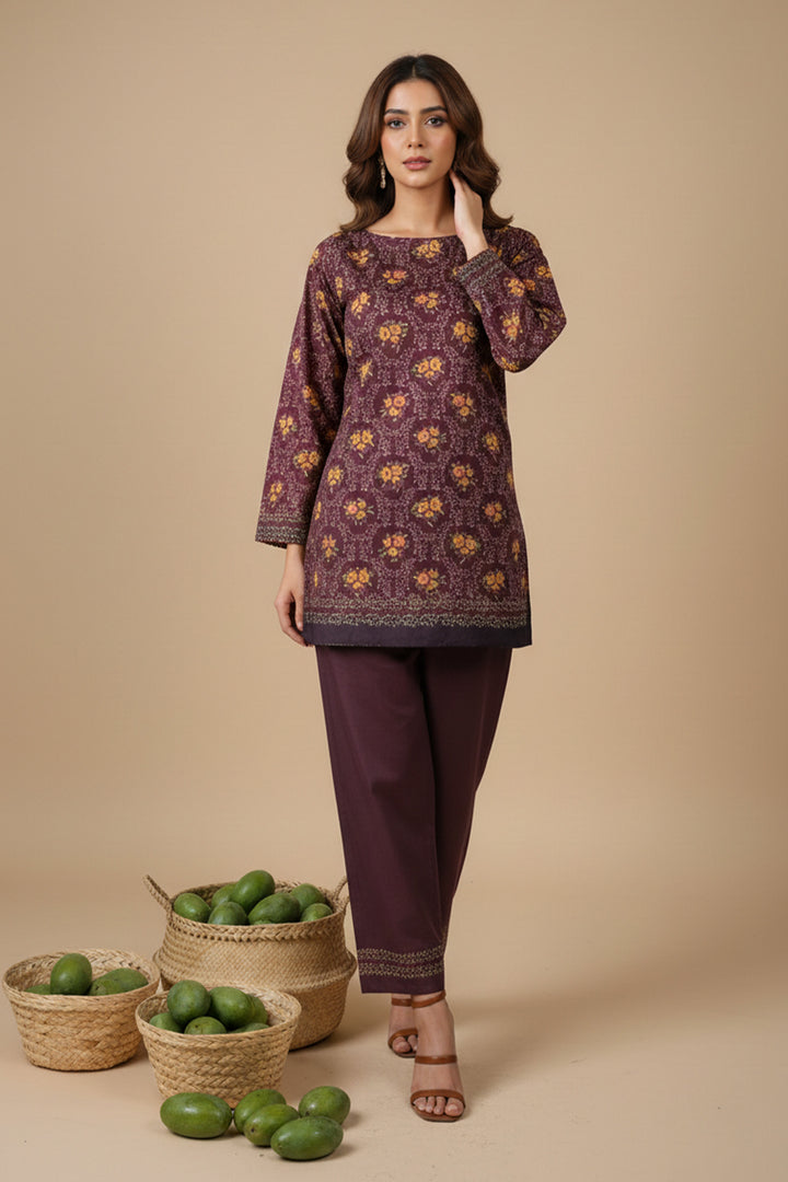Wine 2 Piece Unstitched Printed Cambric Co-Ord Set