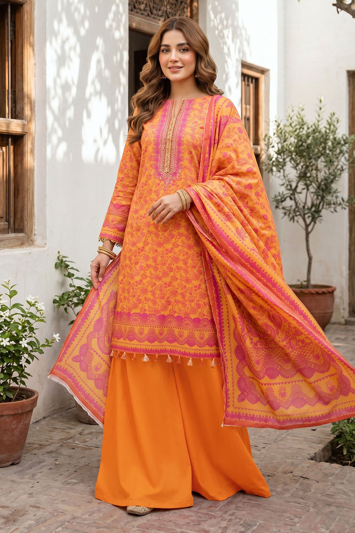 Orange 3 Piece Unstitched Premium Printed Lawn