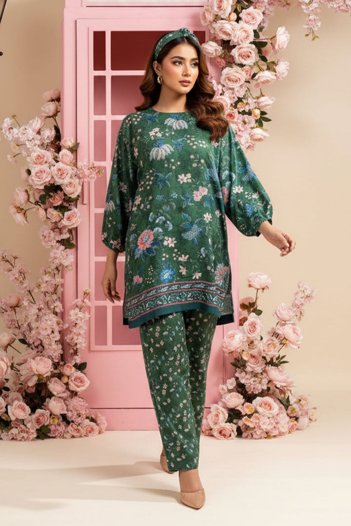 Hunter Green 2 Piece Unstitched Printed Cambric Co-Ord Set