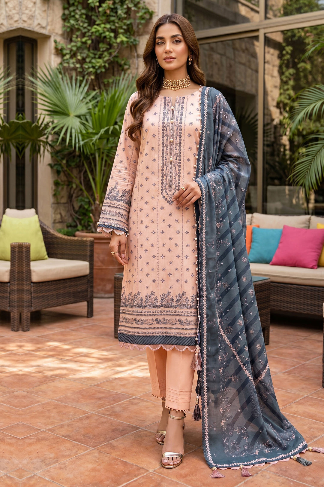 Peach 3 Piece Unstitched Premium Printed Lawn