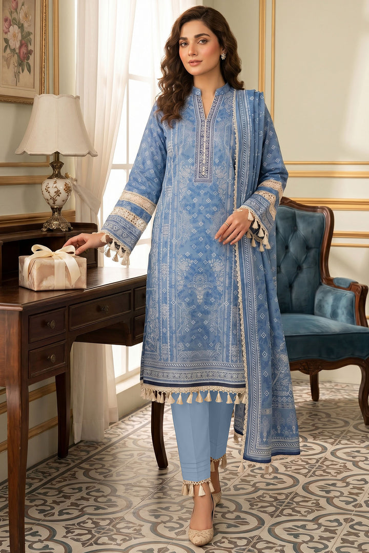 Sky Blue 3 Piece Unstitched Premium Printed Lawn