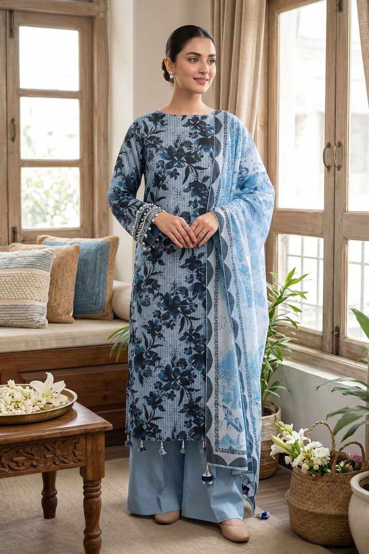 Blue 3 Piece Unstitched Premium Printed Lawn