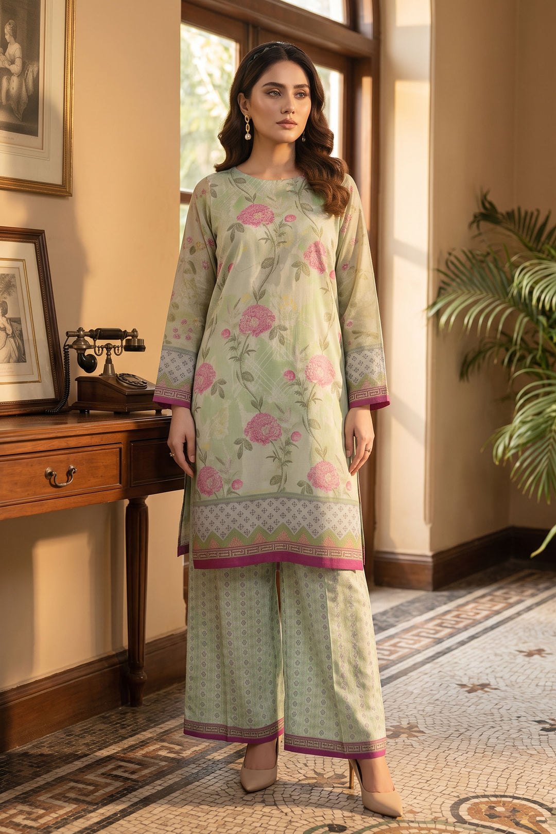 Laurel Green 2 Piece Unstitched Printed Cambric Co-Ord Set