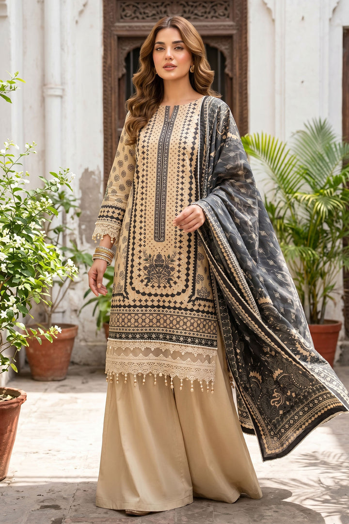 Beige 3 Piece Unstitched Premium Printed Lawn