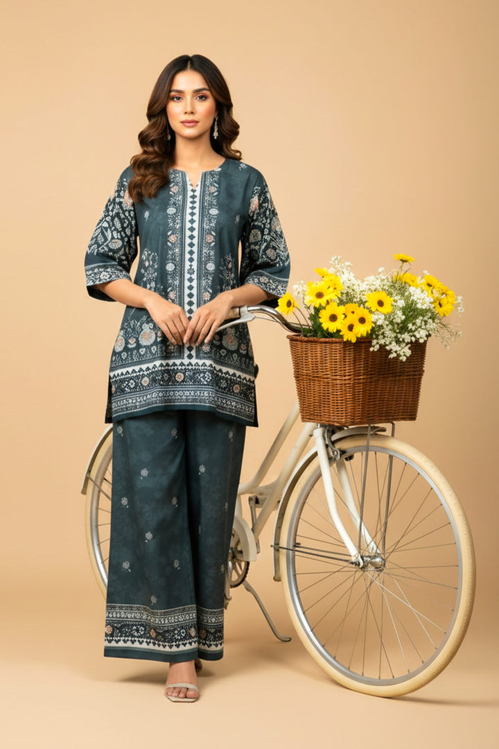 Unstitched Premium Dark Teal Printed Co-Ord Set