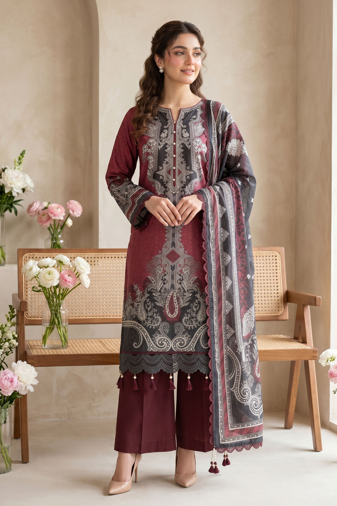 Red Wine 3 Piece Unstitched Premium Printed Lawn