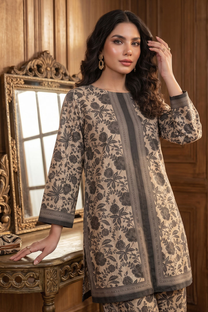 Brown 2 Piece Unstitched Printed Cambric Co-Ord Set