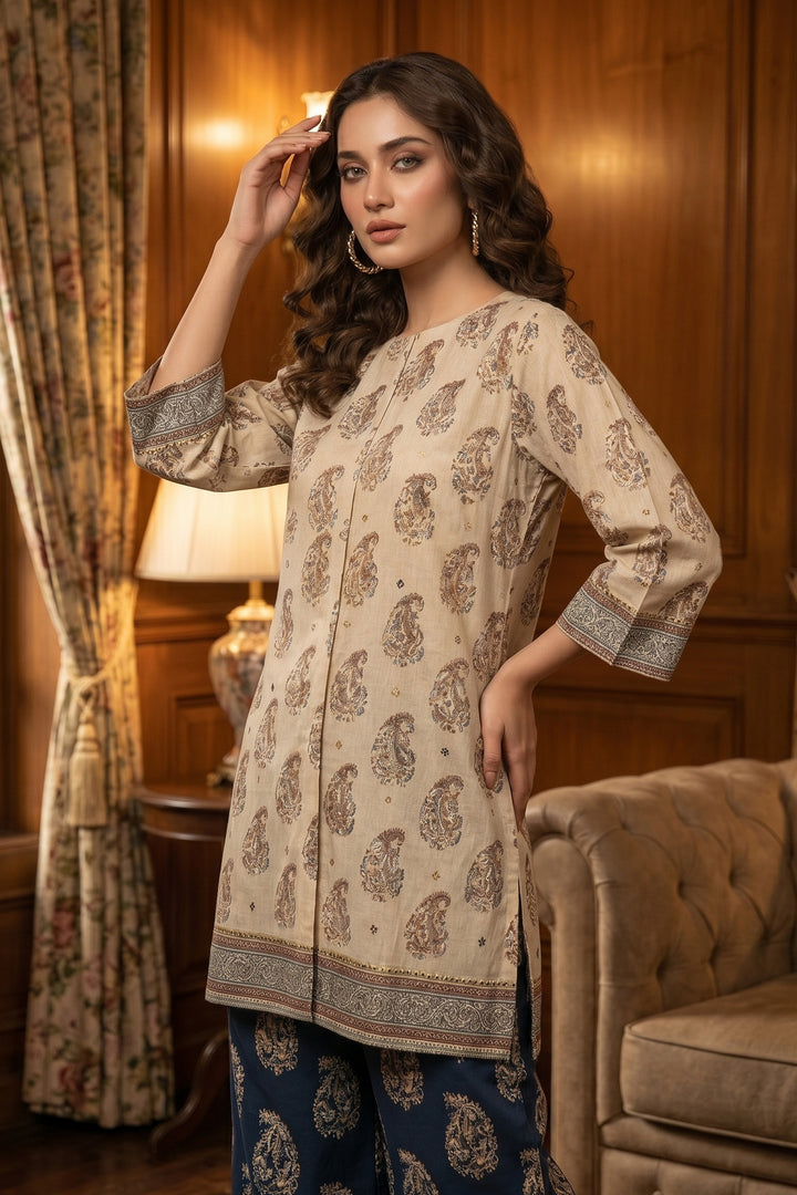 Tan 2 Piece Unstitched Printed Cambric Co-Ord Set