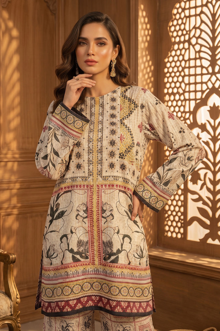 Beige 2 Piece Unstitched Printed Cambric Co-Ord Set