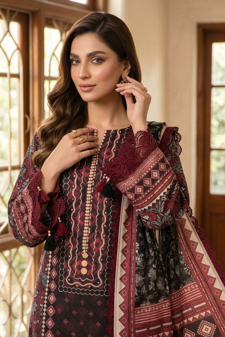 Maroon 3 Piece Unstitched Premium Printed Lawn