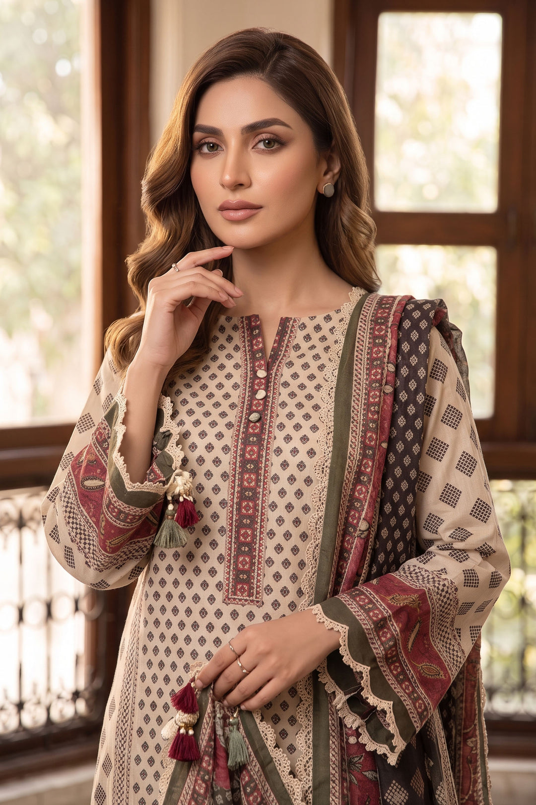 Beige 3 Piece Unstitched Premium Printed Lawn