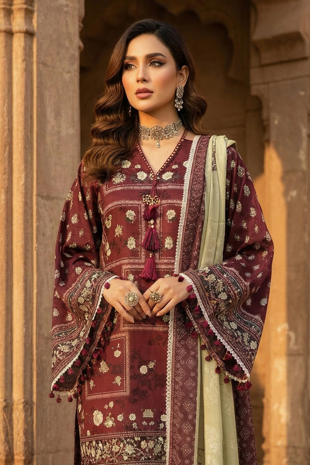 3 Piece Unstitched Maroon Premium Printed Lawn