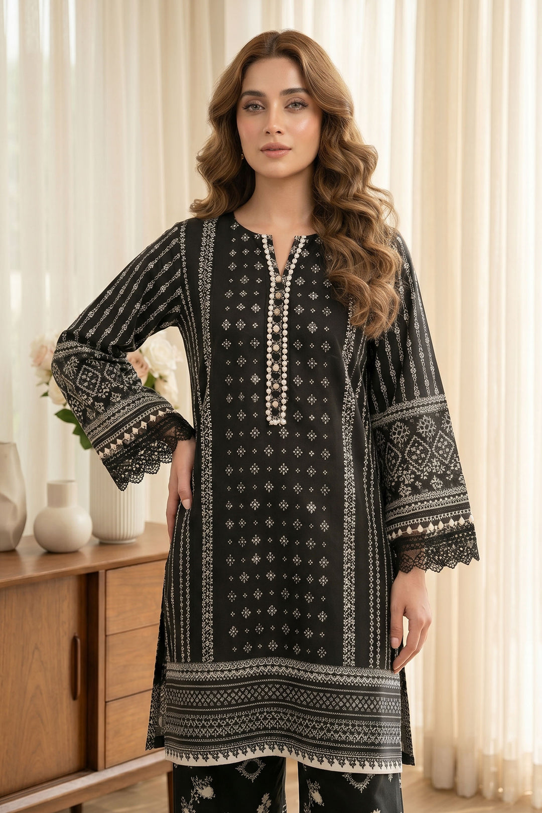 2 Piece Black Unstitched Printed Cambric Co-Ord Set