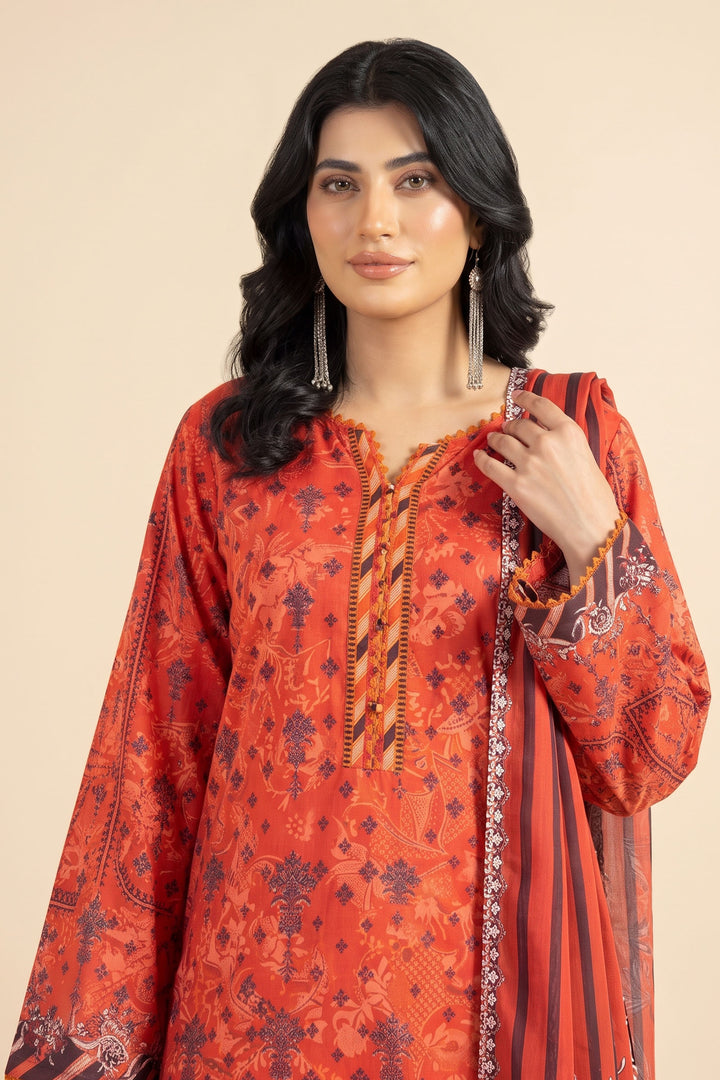 Unstitched 3 Piece Premium Linen Suit - Sunset Orange