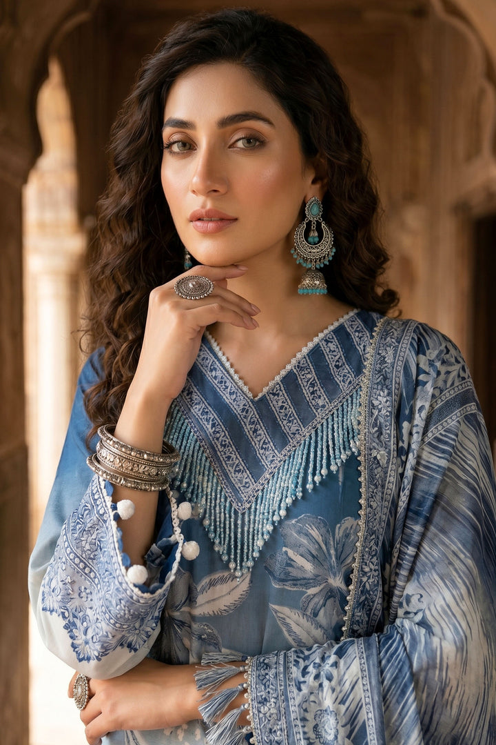 3 Piece Unstitched Blue Premium Lawn