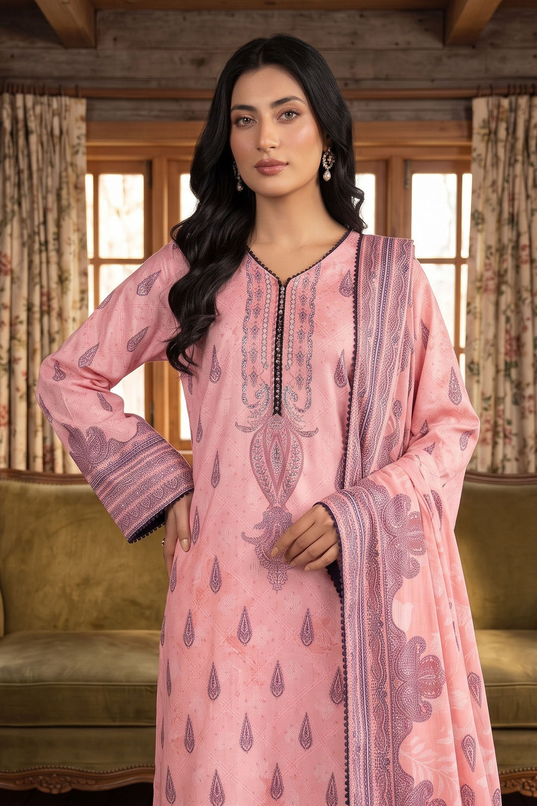 3 Piece Unstitched Pink Premium Linen