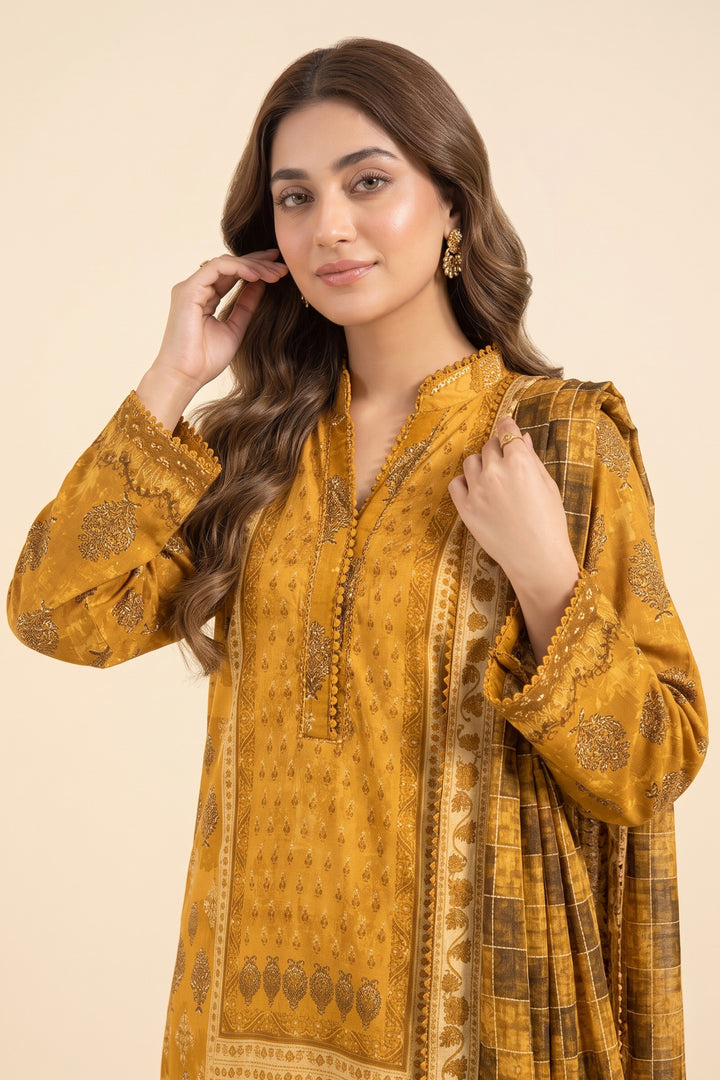 Unstitched 3 Piece Premium Printed Linen Suit - Yellow