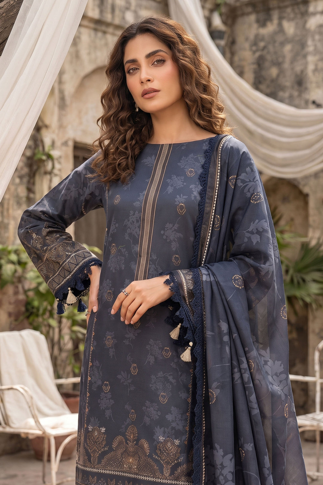 Charcoal Blue 3 Piece Unstitched Premium Printed Lawn