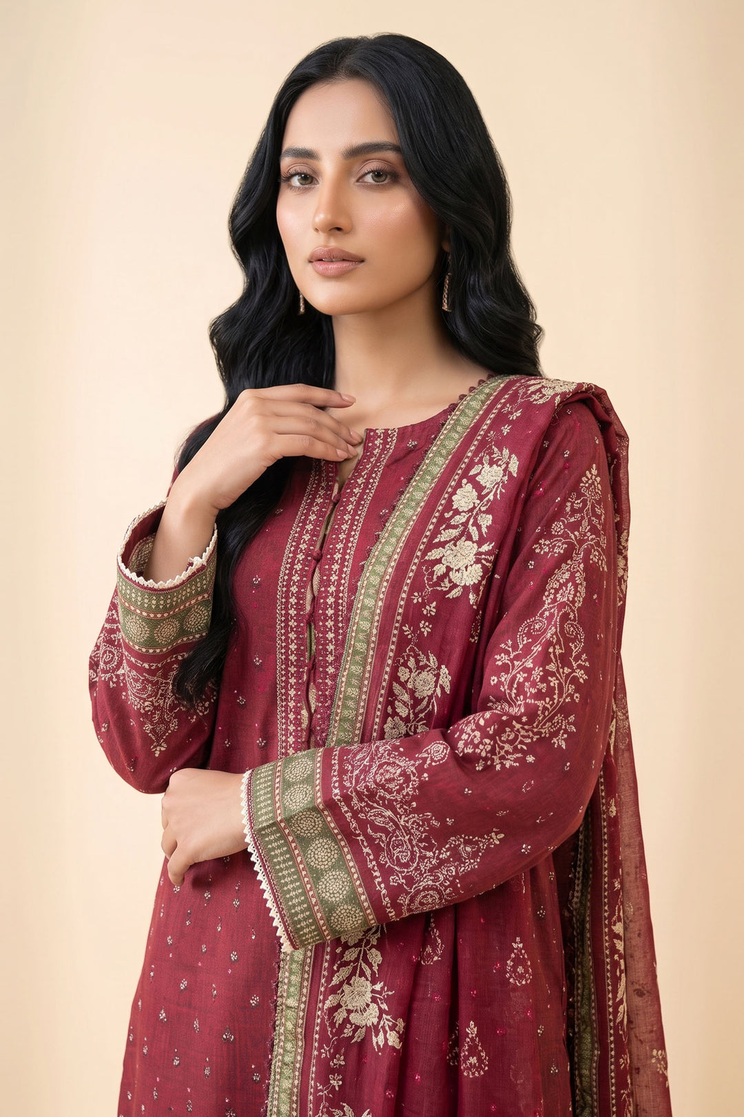 3 Piece Unstitched Rich Maroon Premium Linen