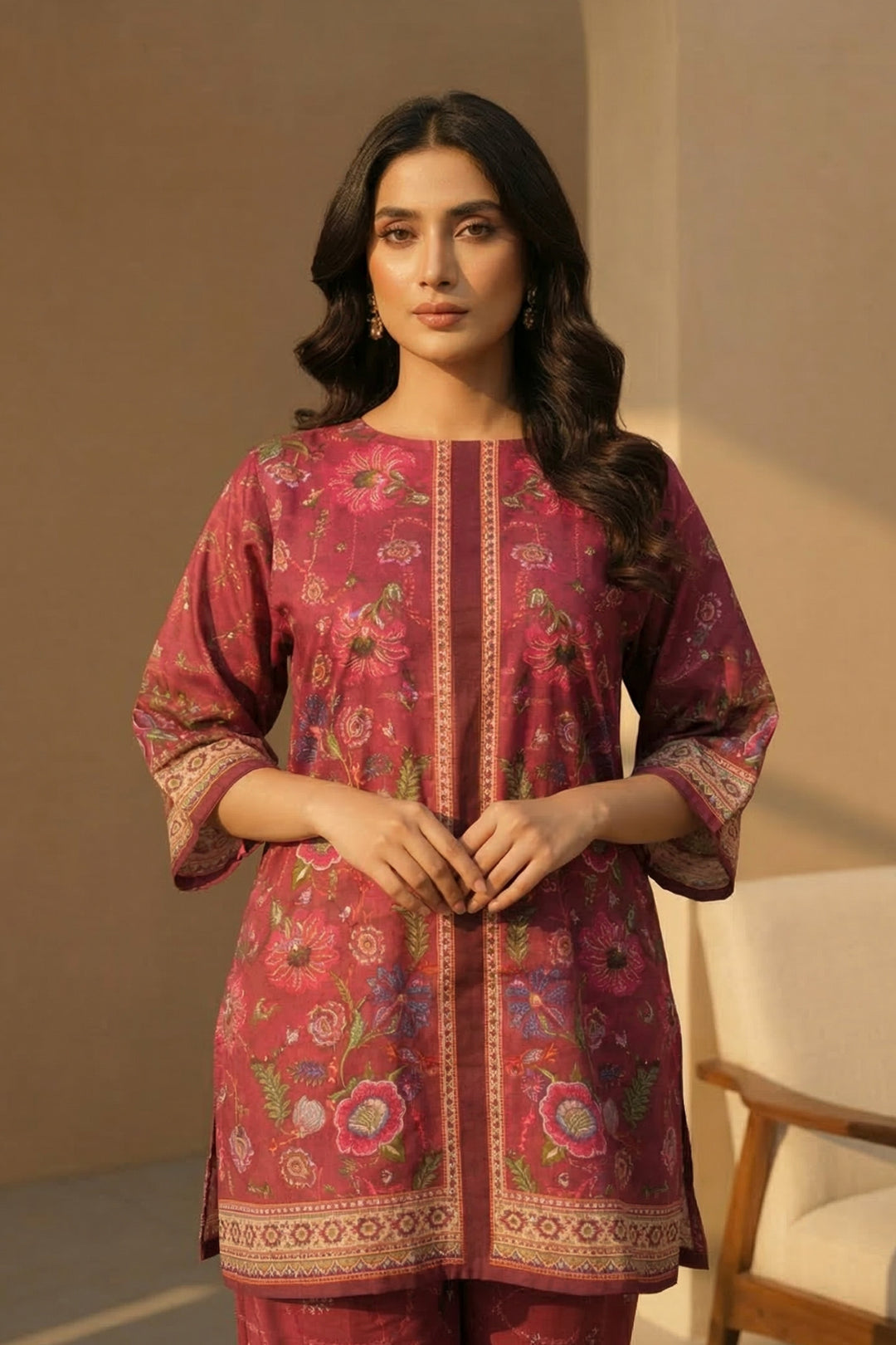 Brick Red 2 Piece Unstitched Printed Cambric Co-Ord Set