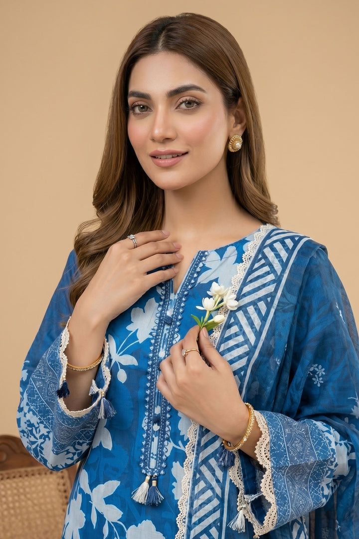 3 Piece Unstitched Blue Premium Lawn