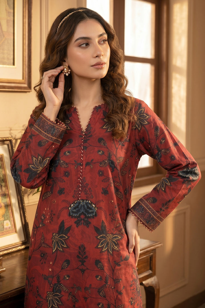 2 Piece Deep Carmine Unstitched Printed Cambric Co-Ord Set
