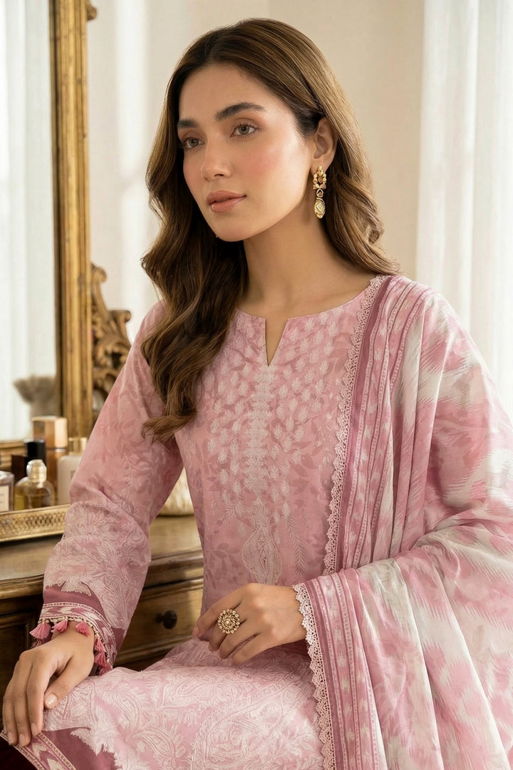 3 Piece Unstitched Baby Pink Premium Printed Lawn